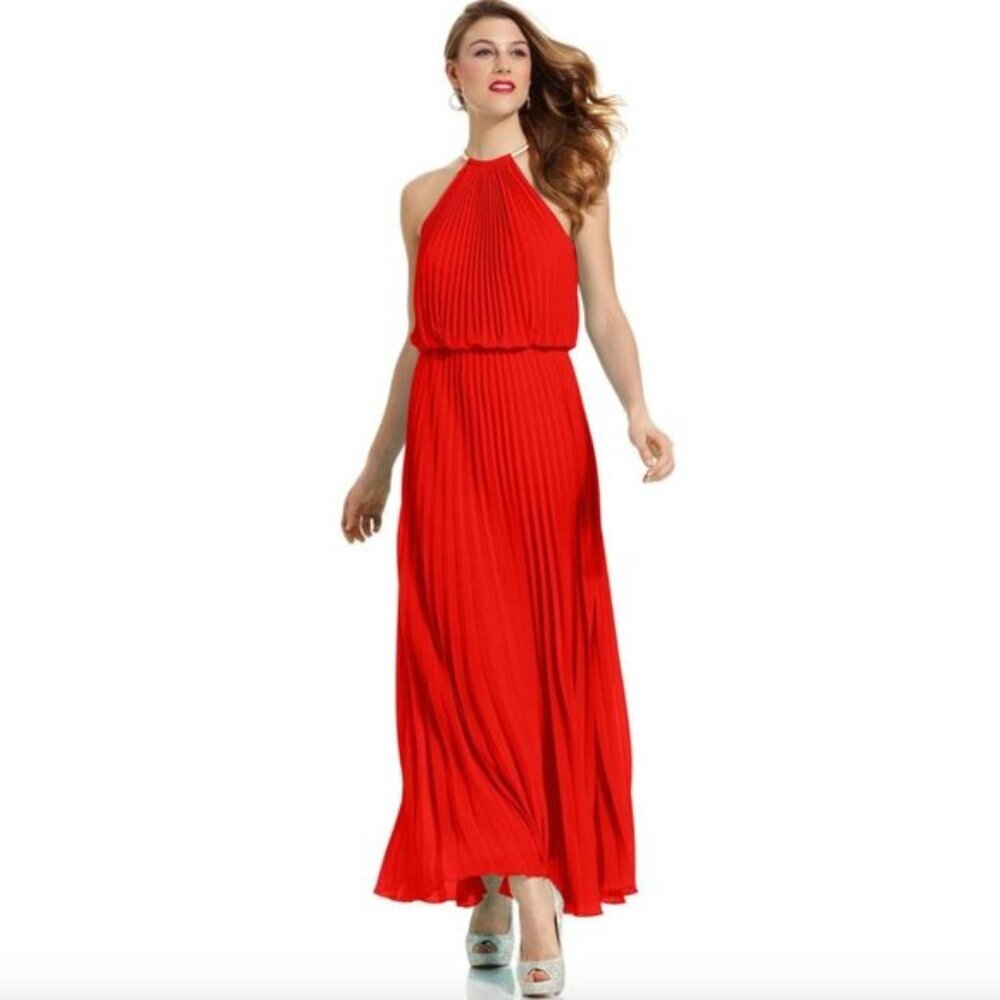 XSCAPE by Joanna Chen Chiffon Accordion Blouson Dress 14 Red Pleated Gold Collar